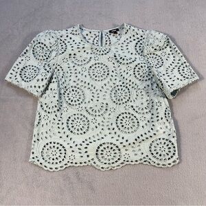Express Women’s Sage Green Elegant Eyelet Blouse, Short Sleeve, size XS